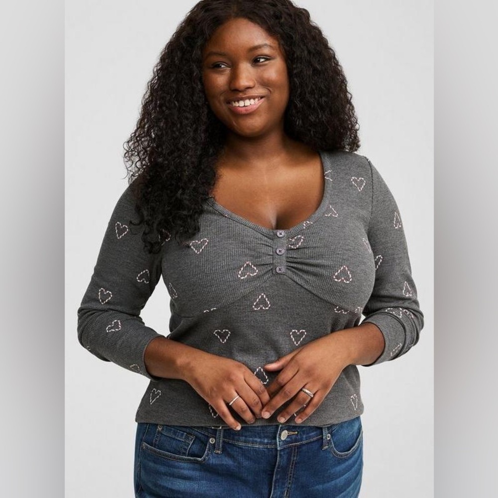 Torrid Thermal V Neck Long Sleeve Cinched Henley Candy Cane Hearts